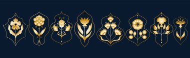 Altın nilüfer çiçeği logosu. Karanlık arka planda, eko, güzellik, spa, yoga, tıbbi şirketler için altın efektli nilüfer ikonu tasarımı şablonu