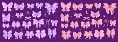 Şirin pembe pruva seti y2k 90 'lar tarzı. Kart, etiket, baskı tasarımı için kurdele kız ikonu. Pembe cazibe vektör illüstrasyonu