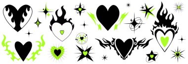 Alevli kalp y2k tarzında ayarlandı. Çıkartmalar için modaya uygun grunge karalama simgesi. Emo Gotik Kalp ve Yıldız. Vektör illüstrasyonu