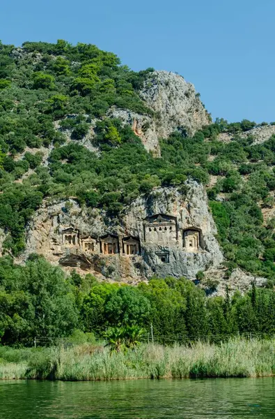 stock image The panoramic view of rock tombs at Kaunos antique city at Dalyan Turkey