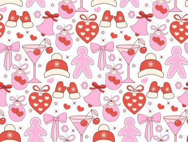 Pembe kızlar için Noel şablonu. Mutlu Noeller ve mutlu yıllar. Güzel, şirin tekstil baskısı. Vektör illüstrasyonu.