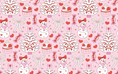 Pembe kızlar için Noel şablonu. Mutlu Noeller ve mutlu yıllar. Güzel, şirin tekstil baskısı. Vektör illüstrasyonu.