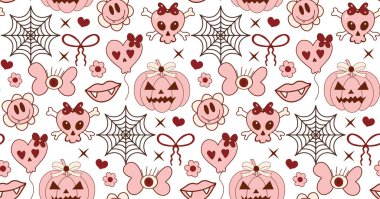 Coquette cadılar bayramı kusursuz vektör deseni, duvar kağıdı dokusu, ambalaj kağıdı, tekstil. Vektör illüstrasyonu.