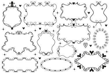 Kalpli ve çiçekli Victoria dönemi çerçeveleri çizilmiş şirin bir Coquette Vintage el. Lüks düğün çerçeveleri, barok süsler. Vektör illüstrasyonu.