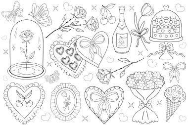 Sevgililer Günü çizim çizimi koleksiyonu. Kızlar için y2k estetik set, zarif klasik aksesuar. Hoş bir koleksiyon, kırmızı kiraz, pembe kurdele, yay, kalp, aşk tanrısı. Vektör illüstrasyonu.