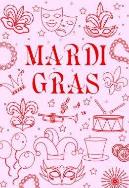 Mardi Gras doodle pink poster. Carnival masks and party decorations. Hand drawn vector illustration. clipart