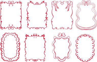 Garip sınır çerçevesi seti, el yazısı alfabe. Davetiye için el çizimi karalama, kurdele yayı çerçeve, sevgililer günü veya noel tasarımı.