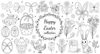 Paskalya el karalama tasarım elementleri çizer. Yumurta, tavuk, kelebek, tavşan, laleler, çiçekler, dallar, sepet, laleler, narsis. Boyama kitabı yayları. Vektör illüstrasyonu 