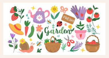 Bahçe Baharı ve Yaz el çizimi çiçek açan elementler, arı, çanta. Kupür defteri, tebrik kartları, yaz posterleri, parti davetiyeleri, etiketler için mükemmel. Vektör illüstrasyonu