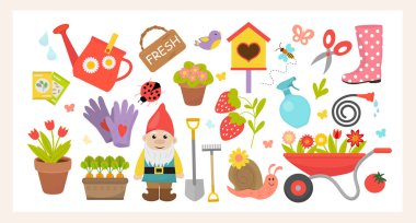 Bahçe ve Bahar seti, düz elementler çiçekler, evler, kuşlar, böcekler ve cüceler. Vektör illüstrasyonu