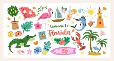 Florida 'ya hoş geldiniz. Timsah, flamingo, palmiye ağaçları, tropik içecekler, deniz feneri, güneş ve plaj elementleri içeren renkli bir el yapımı vektör koleksiyonu yapın. Yaz baskıları ve seyahat tasarımı için mükemmel.