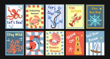 Deniz hayvanlarının olduğu deniz kartpostalları, yaz alıntıları ve deniz unsurları. Eğlenceli el çizimi tarzı, tebrik kartları, çocuk tasarımları, çıkartmalar ve plaj temalı projeler için mükemmel.