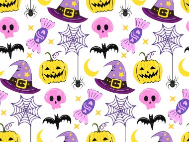 Cadılar Bayramı 'nız kutlu olsun balkabaklarıyla perili ev hayaletleri şeker yarasaları ve sihirli elementler çocuklar için. Kumaş çıkartmaları ve parti dekorasyonu için mükemmel..