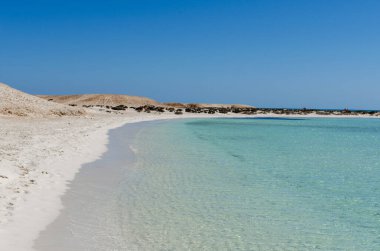Hurghada yakınlarındaki bir körfezde, beyaz kumsal ve şeffaf su 3 Mart 2025.