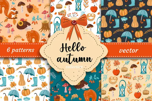 Merhaba, balkabakları, şemsiyeleri, mantarları, orman hayvanlarını ve dökülen yaprakları olan dikişsiz sonbahar desenleri koleksiyonu. Kumaş, ambalaj kağıdı ve sonbahar tasarımları için konforlu mevsimlik vektör seti