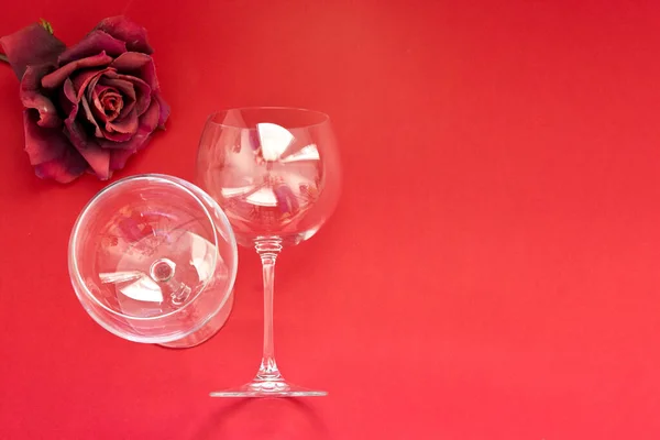 Two Empty Wine Glasses Lies Red Background Flat Lay Top Stok Fotoğraf