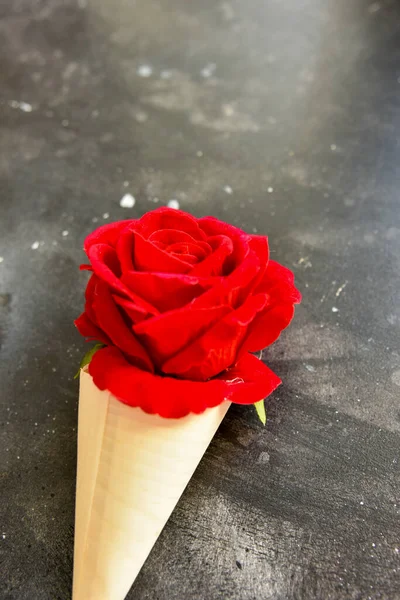  Red rose flower in a craft paper cone isolated on black background. Copy space. Valentine card concept. 