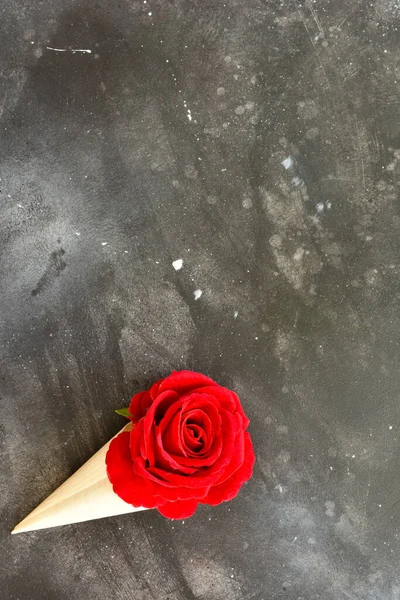  Red rose flower in a craft paper cone isolated on black background. Copy space. Valentine card concept. 