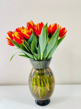 Bouquet of orange spring tulips flowers wrapped in paper for present isolated on white background. Close up