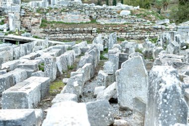 Efes 'in antik mimari ve harabelerinin elementleri, İzmir. kopyalama alanı. Seyahat konsepti. Yatay fotoğraf. 
