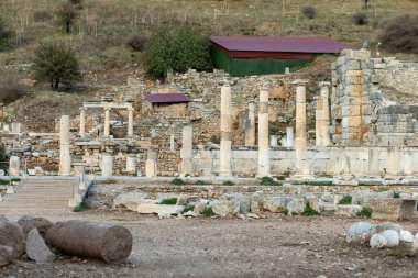 Efes 'in antik mimari ve harabelerinin elementleri, İzmir. kopyalama alanı. Seyahat konsepti. Yatay fotoğraf. 