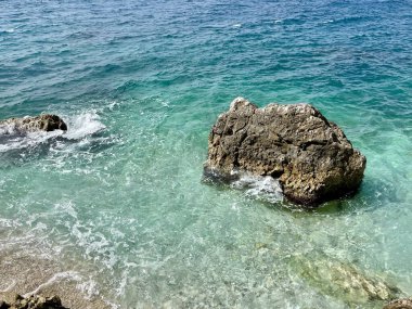 Arnavutluk 'taki Rocky plajı ve İyon Denizi' nin kristal turkuaz suyu. Çiçeklerle sakin ve rahatlatıcı bir manzara. Yaz tatili konsepti. Uzayı kopyala Yatay fotoğraf. 