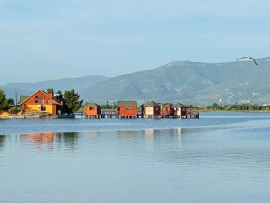 Güneşin doğuşunda dağların sakin manzarası ve göl suyu. Doğa geçmişi. Arnavutluk 'ta yaz tatili