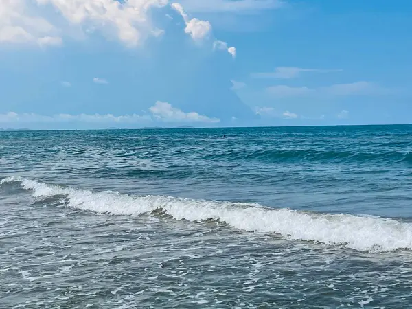 stock image Rocky beach and crystal turquoise water of Ionian Sea in Albania. Calm and relaxing view with flowers. summer holidays concept. Copy space.