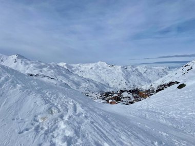 Panoramic snow view in ski resort Val Thorens , France. Alps mountains. Travel destination, holidays concept.  clipart