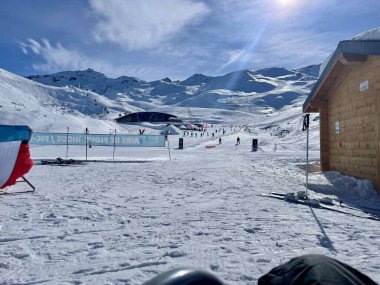 Val Thorens, France: February , 2024 : Panoramic snow view in ski resort Val Thorens , France. Alps mountains. Travel destination, holidays concept.  clipart