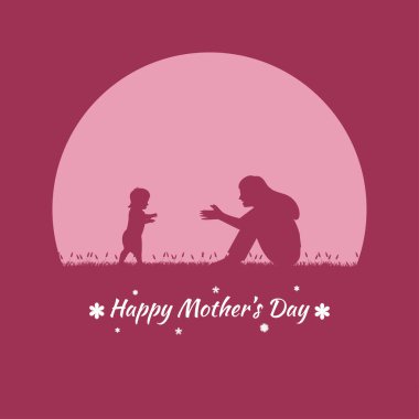 Anneler Günün kutlu olsun. Anne ve kızı yürüme alıştırması yapıyor. Çayırda eğleniyorum. Anneler günü konsepti. Vektör illüstrasyon düzlüğü