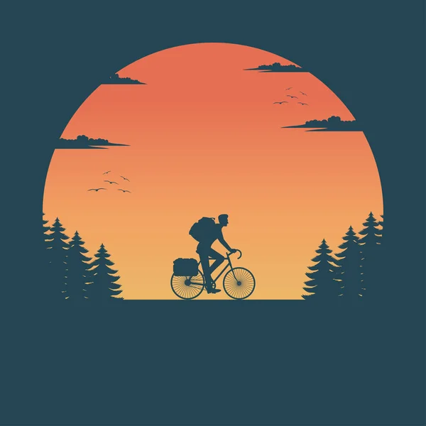 Silhouette Vektor Hintergrund Mann Fährt Radtour Auf Landschaft Natur Reise — Stockvektor
