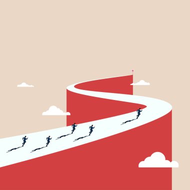 İş hedefi. ve başarı konsepti. İş adamı ekibi dolambaçlı yoldan kaçıyor. Hırs, liderlik, aktivite, motivasyon ve önümüzde uzun bir yol olduğunun sembolü. Yeni fırsatlar konsepti. vektör düzlüğü