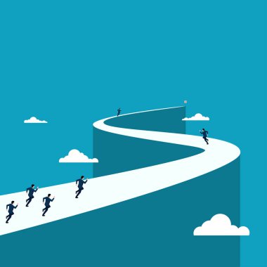 İş hedefi ya da objektif bir kavram. İşadamı dolambaçlı bir yolda koşuyordu. Hırs, liderlik, motivasyon ve önümüzde uzun bir yol var. Yeni fırsatlar konsepti. Vektör illüstrasyonu fla