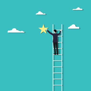 İşadamı işinde başarılı. Başarı ve iş hedeflerine ulaşmak. Motivasyon kavramı. Akıllı iş adamı, büyük ödülü kazanmak için en tepeye tırmanır. Vektör illüstrasyon düzlüğü