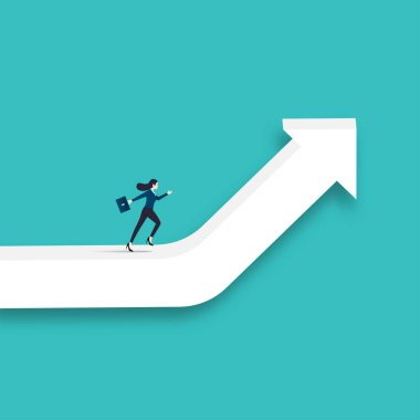 İş kadını kariyer başarısı yolunda ok sırtında koşar. Kavram işi, Başarı, Karakter, Lider, Vektör illüstrasyon düzlüğü