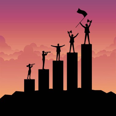 İş, Başarı, Liderlik, Takım Çalışması Büyümesi ve Başarı, Siluet Takımının iş başarısı konsepti stratejisi, İş Adamları ekibi çubuk grafiğini geliştirmek için çalışıyor. Vektör illüstrasyon düzlüğü