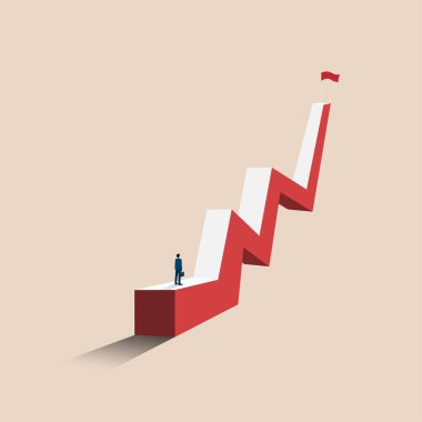 Minimalist vektör çizimi. Büyümeyi, iş büyümesini, hırsı, liderliği ve gelişimi temsil eden kırmızı bir grafik merdiveninin başında duran bir iş adamı. Başarı yolunda zorluklar