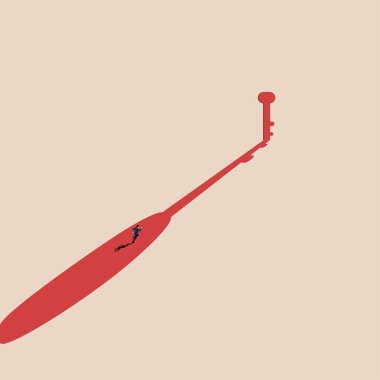 Minimum vektör çizimi. Kilit kapıya koşan iş adamı, büyümeyi, iş kavramını, hırsı, liderliği, gelişimi, başarı yolunda meydan okumayı temsil ediyor.