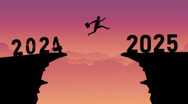 İş adamı 2024 ile 2025 yılları arasında uçurumdan atlayıp akşam üstü tepedeki siluet boşluğundan atlıyor. İş konsepti. Liderlik, hedef ve vizyon, Vektör illüstrasyonu.