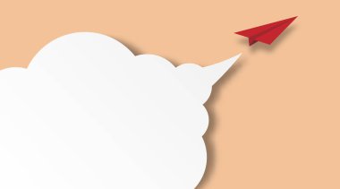 Kırmızı kağıttan bir uçak konuşma baloncuklarıyla arka planda uçuyor. iş başarısı ve liderlik yaratıcı kavram fikri. Mesajın için yer aç. vektör illüstrasyonu