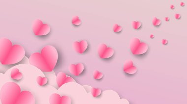Arka planda pembe uçan kalpler. Vektör çizimi. Sevgililer Günü sınır veya çerçeve tasarımı için kağıt kesimi dekorasyonları