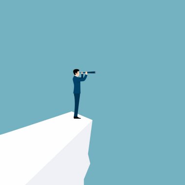 Uçurumdan teleskopla bakan iş adamlarıyla ileri görüşlü liderlik kavramı. Arama, Başarı, Düz vektör illüstrasyonu.