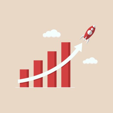 İş büyümesi veya bileşik faiz, yatırım, servet veya kazanç yükselen grafiği, sembol satışları veya kar artışı konsepti, uçan roketten üstel bir ok ile mali rapor grafiği