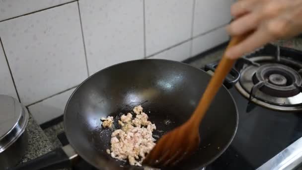 Großaufnahme Einer Erwachsenen Person Die Hackfleisch Kocht Hausgemachtes Chinesisches Ernährungskonzept — Stockvideo