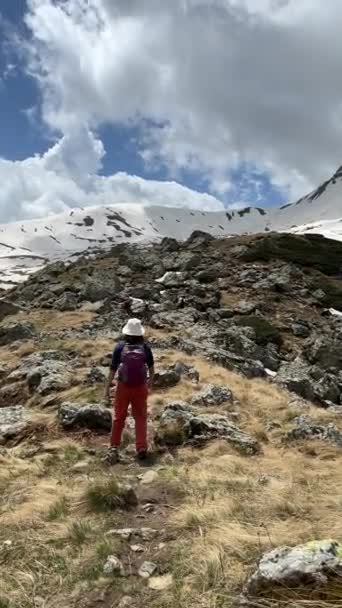 Trekker Trekking Szlaku Górach Gruzji — Wideo stockowe