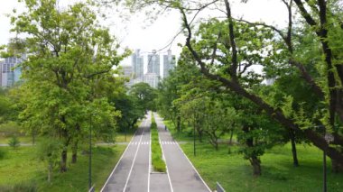 Benjakitti Park, Bangkok, Tayland 'da Güzel Yüksek Açılı Koşu Yolu Manzarası