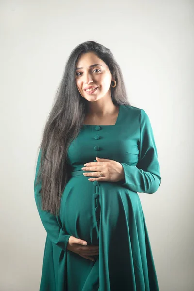 Těhotná Žena Ruku Břiše — Stock fotografie
