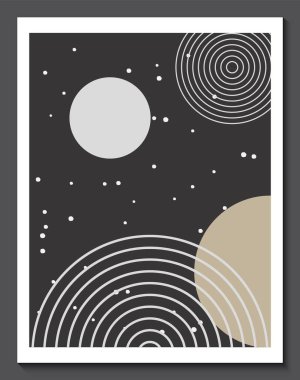 Abstract geometric line art poster. Hand draw minimalist creative boho wall decor shapes. Modern graphic poster with lines, dots, circle on black background. Vector illustration for postcard, print