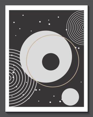 Abstract geometric line art poster. Hand draw minimalist creative boho wall decor shapes. Modern graphic poster with lines, dots, circle on black background. Vector illustration for postcard, print